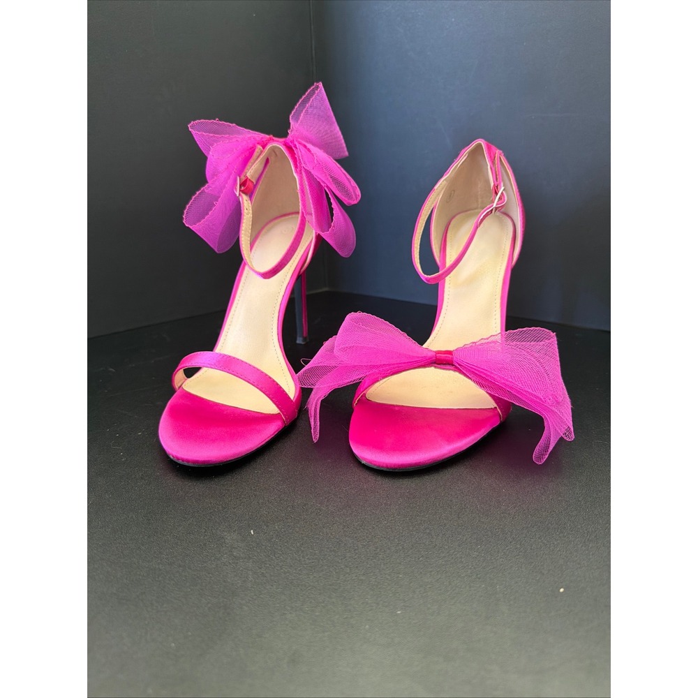 Hot Pink Satin Stiletto Sandals Oversized Mesh Bow‎ Ankle Strap Open Toe Heels 8